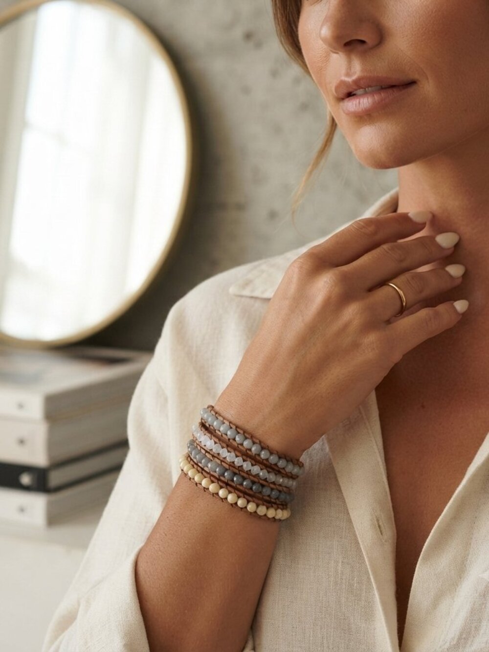 Layered Multi-Color Beaded Button-Closure Bracelet, Boho Stack - Picture 2 of 5